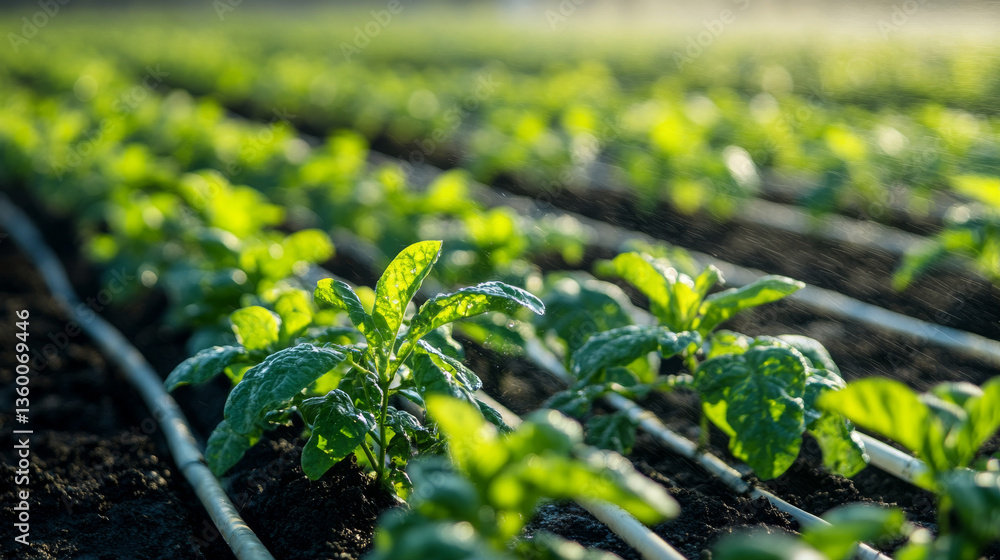 A close-up of a water sprinkler operating in an agricultural garden, distributing water efficiently over the plants A close-up of a water sprinkler operating in an agricultural garden, distributing water efficiently over the plants
