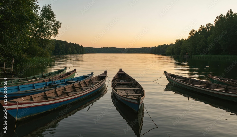 Fototapeta premium Calm lake with wooden rowboats and trees at dusk, golden light.
