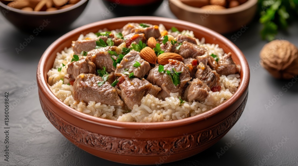 Savory rice bowl featuring tender meat and nuts garnished with herbs on a rustic table setting Savory rice bowl featuring tender meat and nuts garnished with herbs on a rustic table setting
