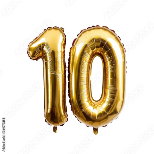 Shiny golden foil balloons shaped like the number 10, perfect for 10th birthday, anniversary celebrations, or festive decor isolated on transparent background