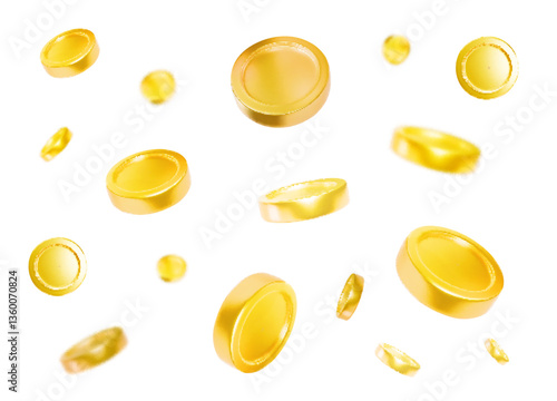 Gold coins falling down isolated on white in different positions with blur effect. Money concept, metal golden coins flying on white background.