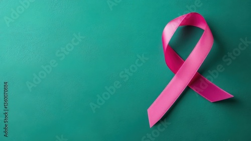 Pink Ribbon Symbolizing Breast Cancer Awareness on a Textured Teal Background for Health and Charity Campaigns
