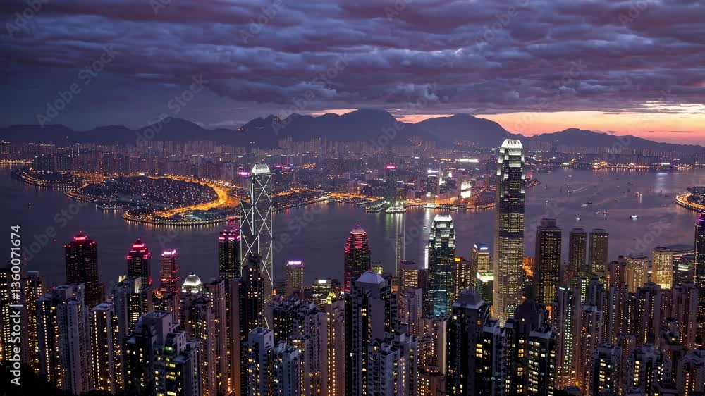 Stunning Night View of Hong Kong Skyline with Illuminated Buildings