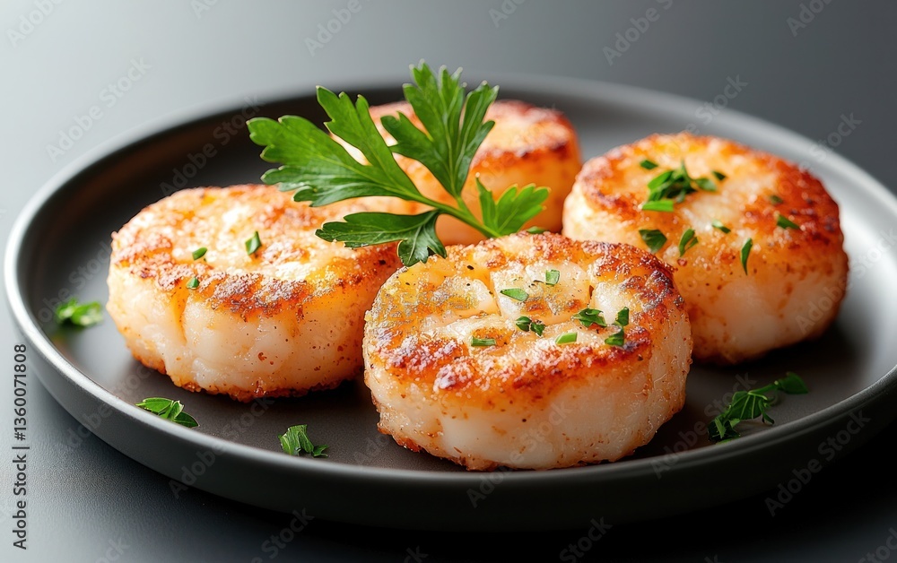 Four seared scallops on a dark gray plate, garnished with fresh parsley. The scallops are golden brown and appear juicy. The background is a dark gray. Four seared scallops on a dark gray plate, garnished with fresh parsley. The scallops are golden brown and appear juicy. The background is a dark gray.