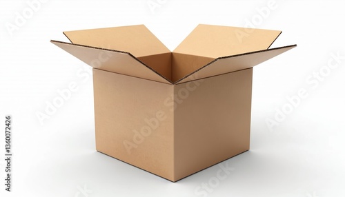 Open cardboard box isolated on white background. Empty cardbox package with opened top flaps. Suitable for product presentation, delivery, shipping, storage concepts.