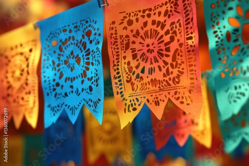 A celebratory feeling is created by the colorful papel picador banners that hang on a solid light background. Generative Ai