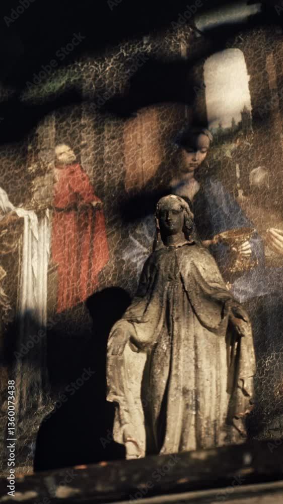 Antique old statue on the background of a stone fresco wall. Impressive Gothic sculpture in the church. Close-up, depth of field, 4K Antique old statue on the background of a stone fresco wall. Impressive Gothic sculpture in the church. Close-up, depth of field, 4K