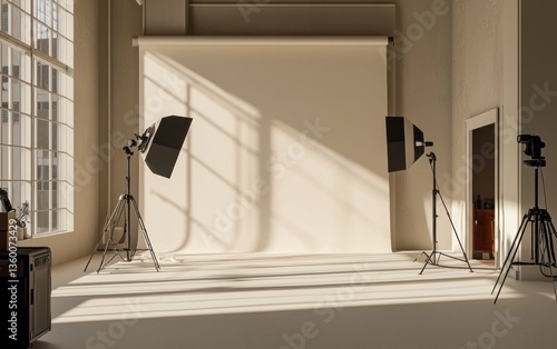 Empty photography studio with natural light streaming through large windows, illuminating a neutral backdrop.  Professional lighting equipment is set up and ready for a photoshoot.  The overall