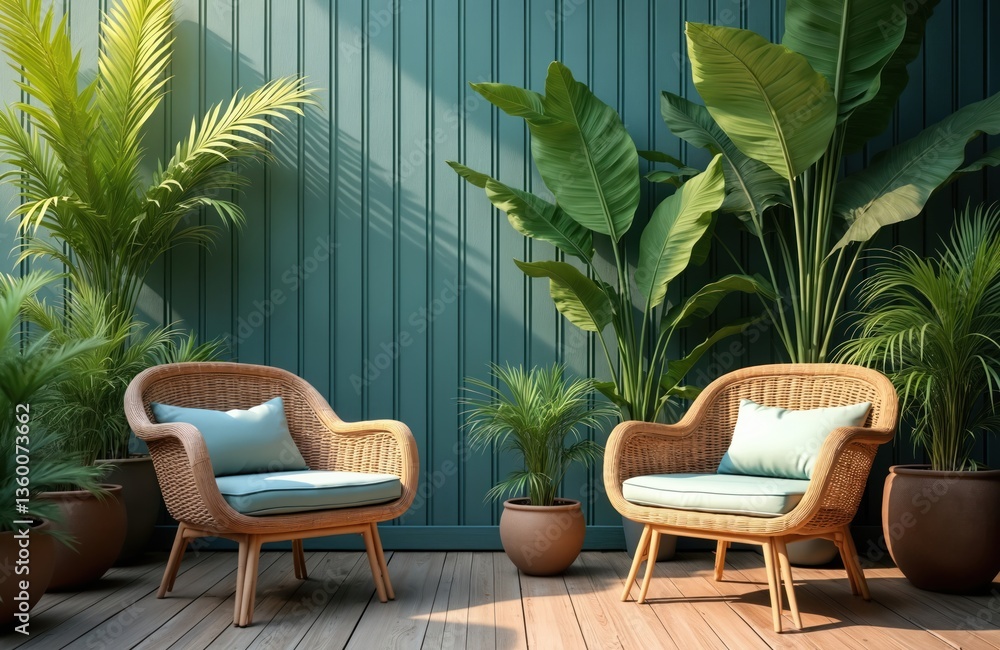 Obraz premium Tropical patio oasis with rattan chairs and vibrant green plants. Teal wooden wall background, wooden flooring. Relaxing garden design with comfortable seating, elegant summer retreat for rest.