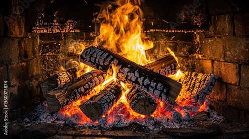 Burning fire with deep orange and yellow hues, flickering flames, and scattered glowing sparks.