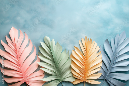 Colorful pastel palm leaves on textured blue background. Minimal abstract summer flat lay concept for creative design, handmade crafts, seasonal decoration, or branding visuals.