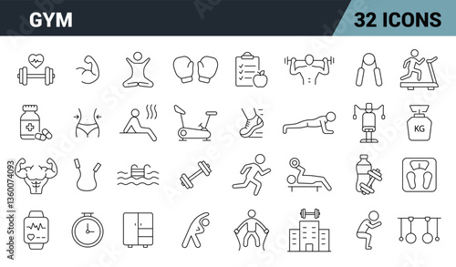 Gym Line Editable Icons Set. Fitness , Workout , Exercises, Equipment, Sports, and more. Vector Illustration.