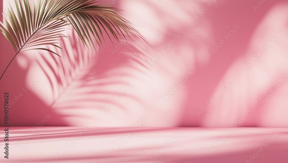 Naklejka premium Palm leaf casting shadows on a pink wall and floor, creating an abstract backdrop