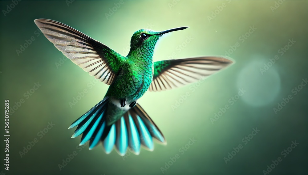 Obraz premium A vibrant close-up image of a green hummingbird in mid-flight, showcasing its iridescent feathers shimmering in shades of green and blue
