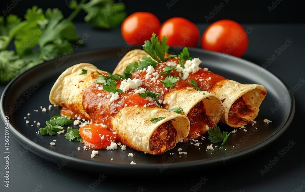 Three enchiladas, topped with a red sauce, cheese, and cilantro, served on a black plate. Tomatoes and cilantro garnish the side Three enchiladas, topped with a red sauce, cheese, and cilantro, served on a black plate. Tomatoes and cilantro garnish the side