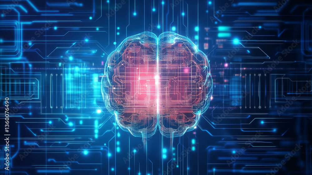 Fototapeta premium A digital background tailored for AI-driven processes, neural networks, data security, and multimedia storage, ideal for futuristic tech presentations