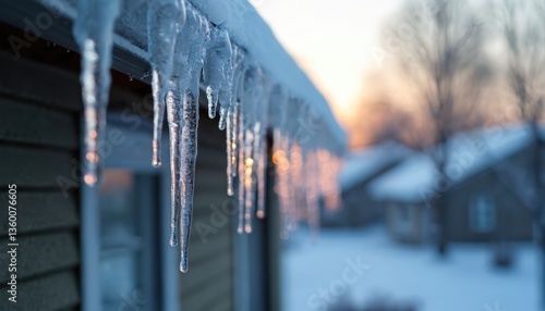 Icicles hang from roof edge, water drips. Winter roofing issue, home damage risk, freeze-thaw cycle, ice dam formation. Cold weather, snow. Prevention maintenance problems.