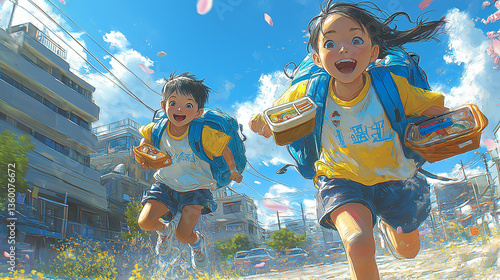 Cheerful anime style illustration of two school children (boy and girl) in classic Japanese uniforms