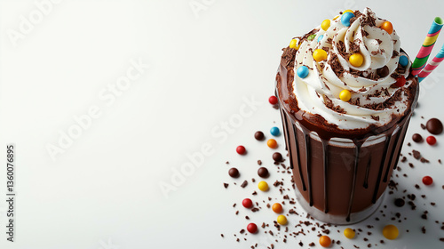 Delicious chocolate milkshake on white background, copy space, Isolated background