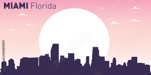 silhouette of the city skyline of Miami, Florida, USA, against the background of a large sun, with a pale pink and blue sky