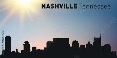 Cityscape, silhouette of the city of Nashville, Tennessee on the background of the sunset.	
