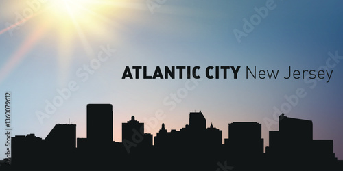 Cityscape, architecture, silhouette of the city of Atlantic, New Jersey on the background of the sunset.	