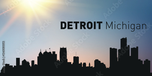 Cityscape, architecture, silhouette of the city of Detroit, Michigan on the background of the sunset.	