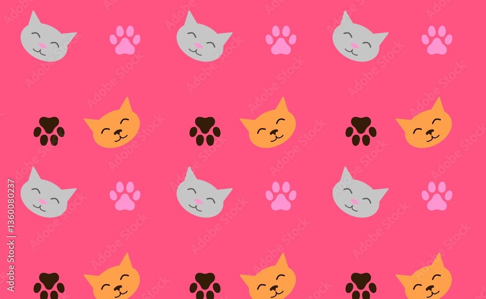 Fototapeta premium Cats and paws pattern. Pink wallpaper with cats.