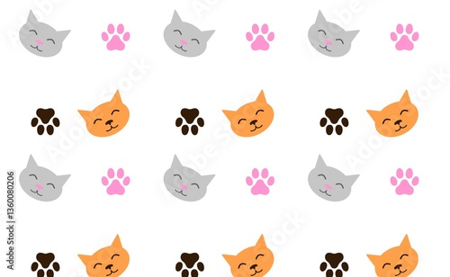 Cats and paws pattern. White wallpaper with cats.