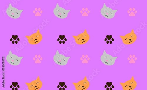 Cats and paws pattern. Purple wallpaper with cats.