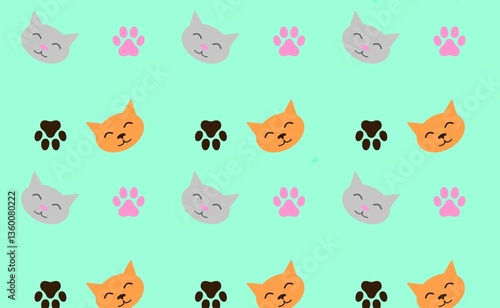 Cats and paws pattern. Mint wallpaper with cats.