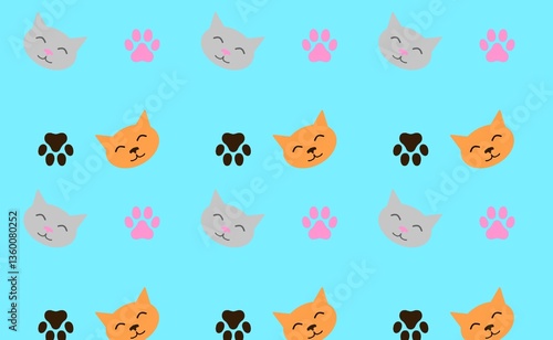 Cats and paws pattern. Blue wallpaper with cats.
