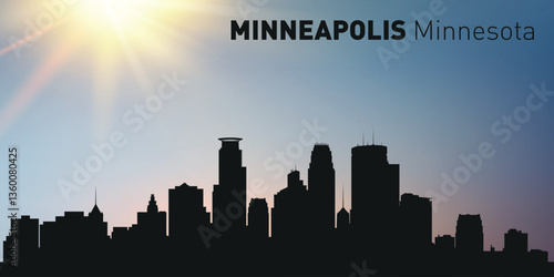 Cityscape, architecture, silhouette of the city of Minneapolis, Minnesota on the background of the sunset.