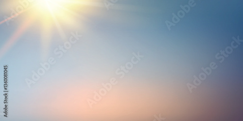 a bright sun with rays in the upper left corner against a light transparent sky without clouds