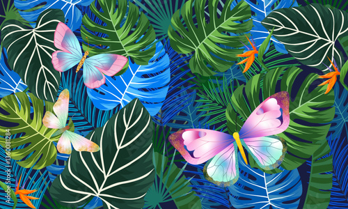 Tropical plants turtleback bamboo, bird of paradise, banana leaf seamless background with colorful butterflies fluttering on tropical plants for wallpaper, cover, packaging

