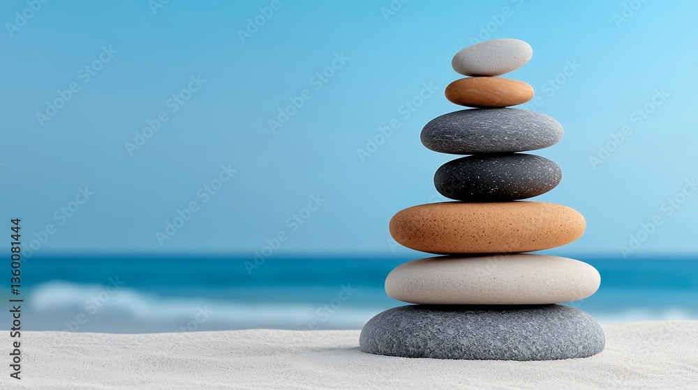 Fototapeta premium Balanced Stack of Colorful Stones on Sandy Beach near Ocean
