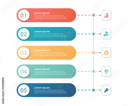 modern infographic vector template with rounded rectangle and icons process step with 5 options. Can be used for slides, diagram, presentation or web design