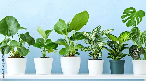Wallpaper Mural Assortment of Lush Green Houseplants in White Pots on a White Shelf Against a Light Blue Wall Torontodigital.ca