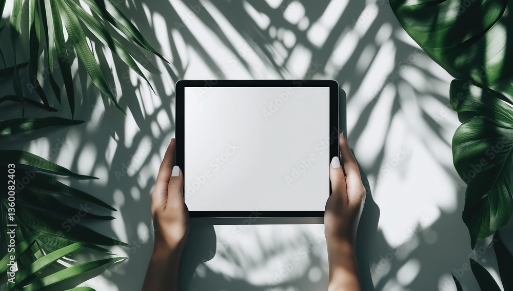 Hands holding tablet with white screen amidst tropical leaves and shadows Hands holding tablet with white screen amidst tropical leaves and shadows