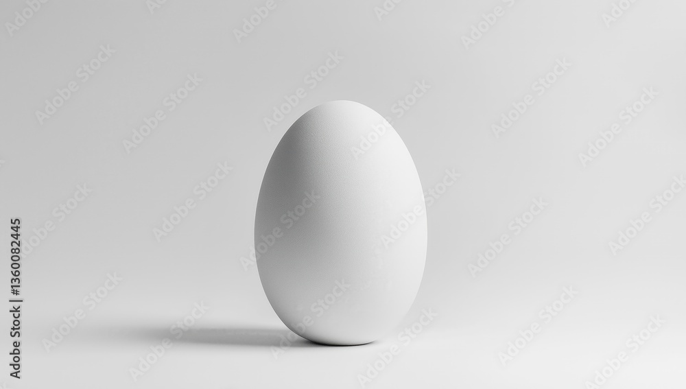 Minimalist photograph of a single white egg standing upright on a white surface in studio light. Minimalist photograph of a single white egg standing upright on a white surface in studio light.