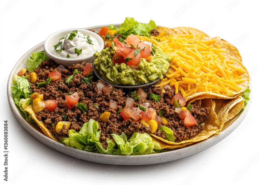 A plate of tacos with ground beef, lettuce, and cheese, with tomato sauce and guacamole on the side, against a white background A plate of tacos with ground beef, lettuce, and cheese, with tomato sauce and guacamole on the side, against a white background