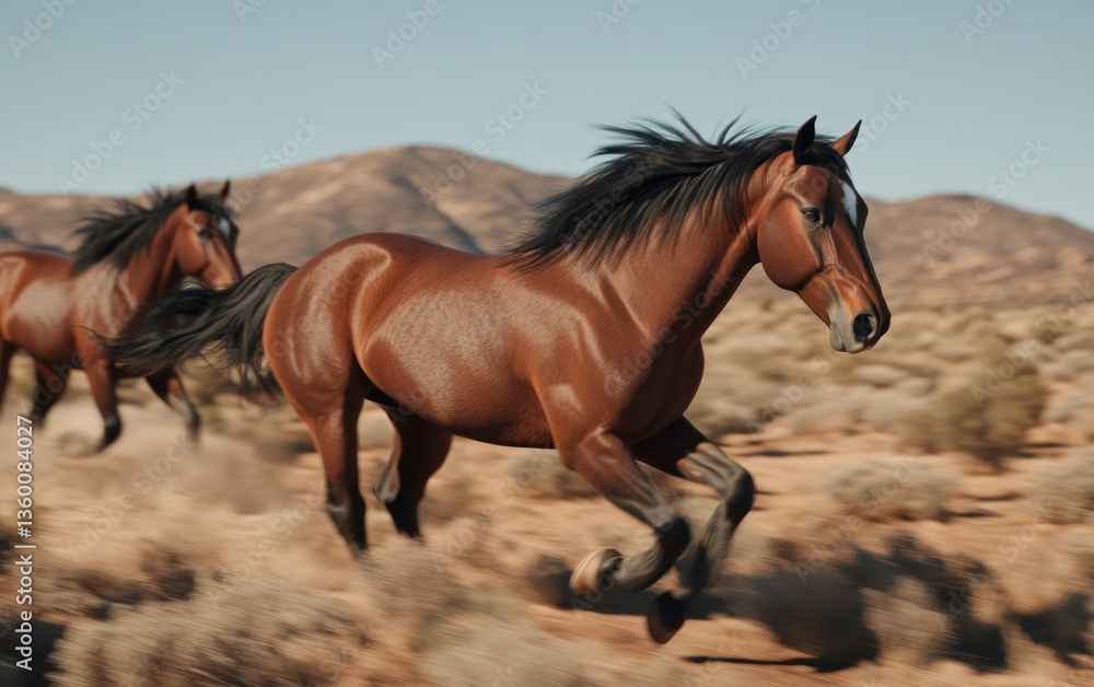 Fototapeta premium Two brown horses run through a desert landscape under a bright sky. Dust rises around their hooves as they gallop across the arid terrain