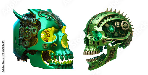Steampunk Cyber Skull Art Futuristic Mechanical Illustration with Gears and Neon Glow