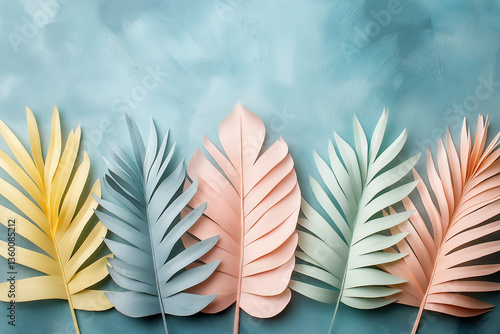 Colorful paper palm leaves arranged on a textured turquoise background. Top view flat lay composition perfect for summer themes, modern design, social media templates, or creative branding.