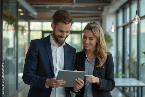 Business Professionals Collaborating on Tablet in Modern Office – Generative AI