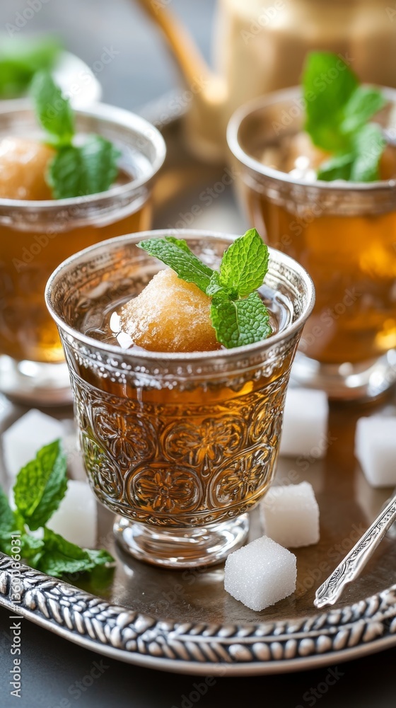 Refreshing mint tea served in ornate glasses on a decorative tray with sugar cubes during a casual gathering in a cozy setting Refreshing mint tea served in ornate glasses on a decorative tray with sugar cubes during a casual gathering in a cozy setting