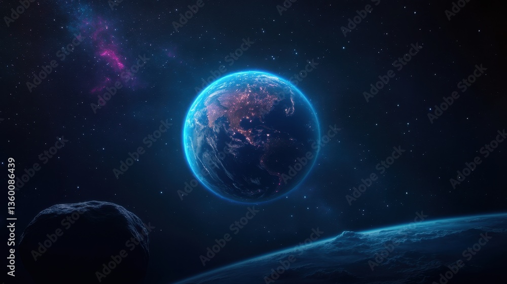 Obraz premium Stunning View of Earth from Space with Vibrant Colors and Distant Stars on a Dark Background for Cosmic and Astronomical Themes