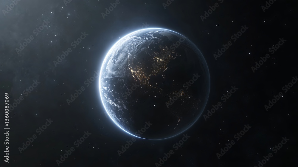 Obraz premium Realistic Earth from Space with Glowing Atmosphere, A realistic depiction of Earth from space, showing continents and oceans with a glowing atmosphere