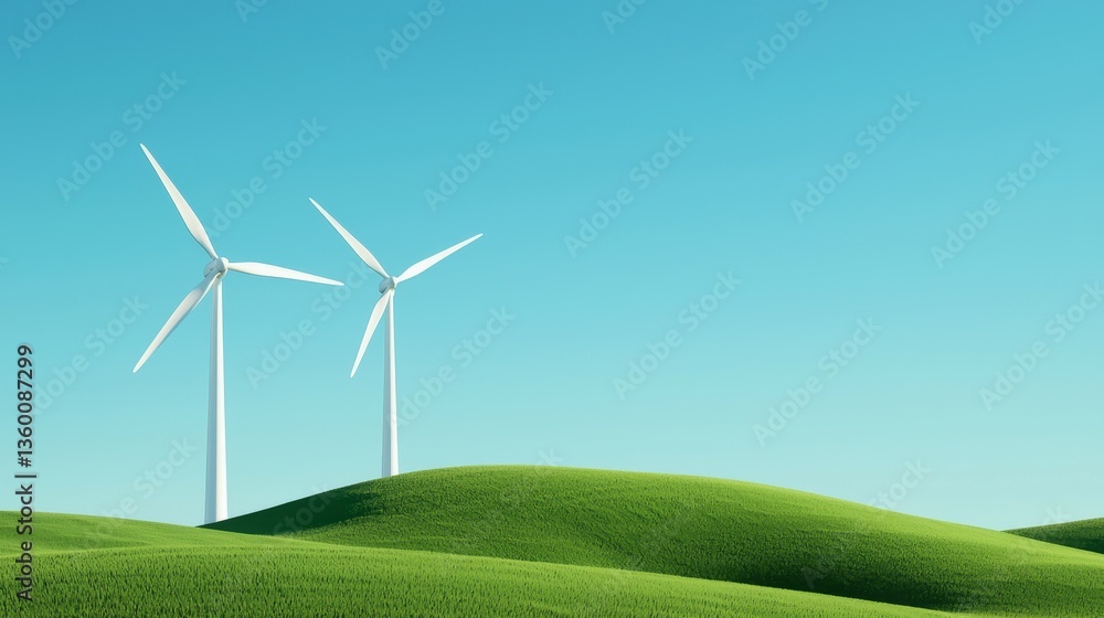 Fototapeta premium Renewable energy wind decarbonization concept. Wind turbines on green hills under a clear blue sky.