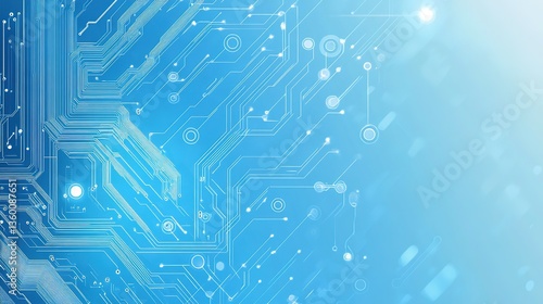 Futuristic technology background with white circle circuit wires on light blue motherboard. AI chip or semiconductor concept. Abstract tech bg. Modern web banner. Digital vector illustration. 